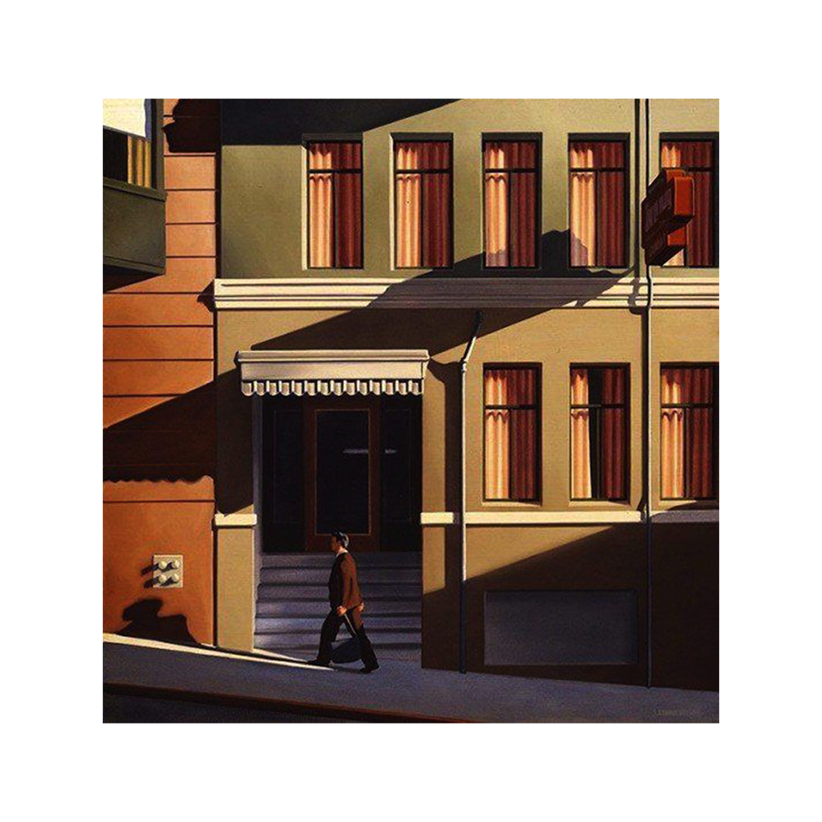 A person walking down a city street in front of a building with green and yellow walls, six windows with curtains, an awning over the entrance, and a fire escape on the wall. The sunlight casts shadows on the building.