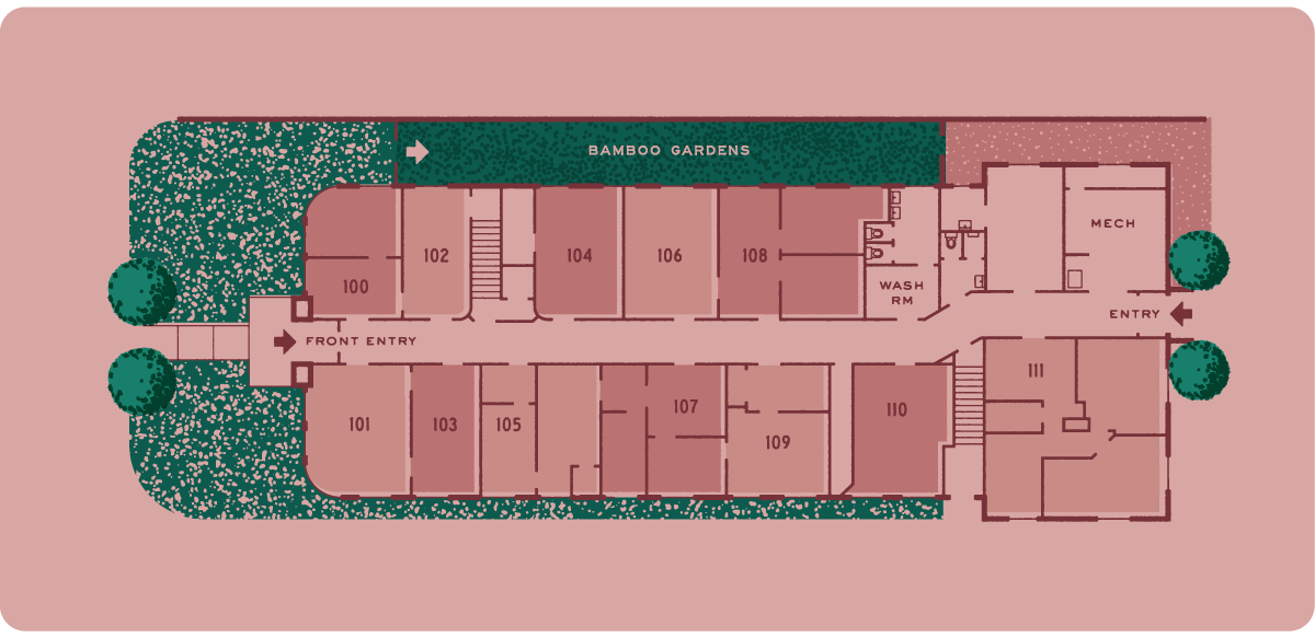 215 Church Street floor plan of the Blair Building with numbered rooms, front and entry points, surrounded by trees and bushes, labeled areas include Bamboo Gardens, conference room, cafe, kitchen, and washroom.