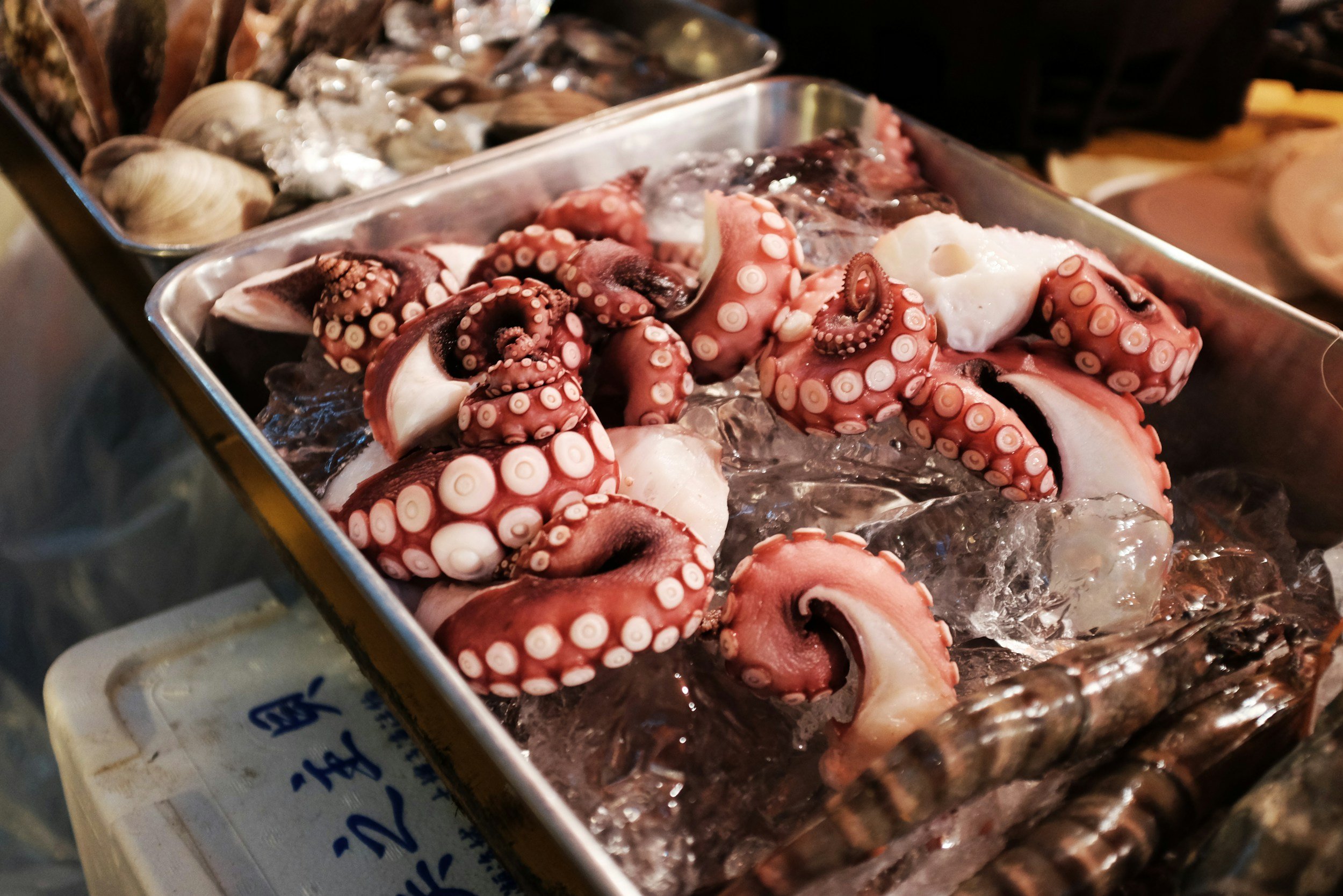 Fresh octopus tentacles on ice at a seafood market.