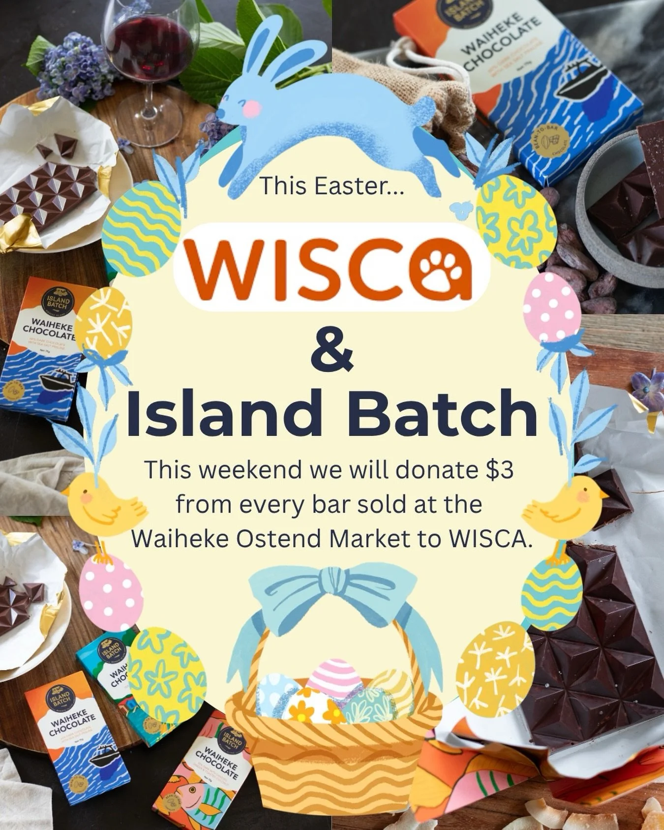 We @islandbatch have teamed up with @wiscawaiheke to help support abandoned, injured, and fostered animals 🩷 
This weekend to celebrate Easter $3 from every bar sold at the @waihekeostendmarket will be donated to the WISCA foundation 🐣
Enjoy real b