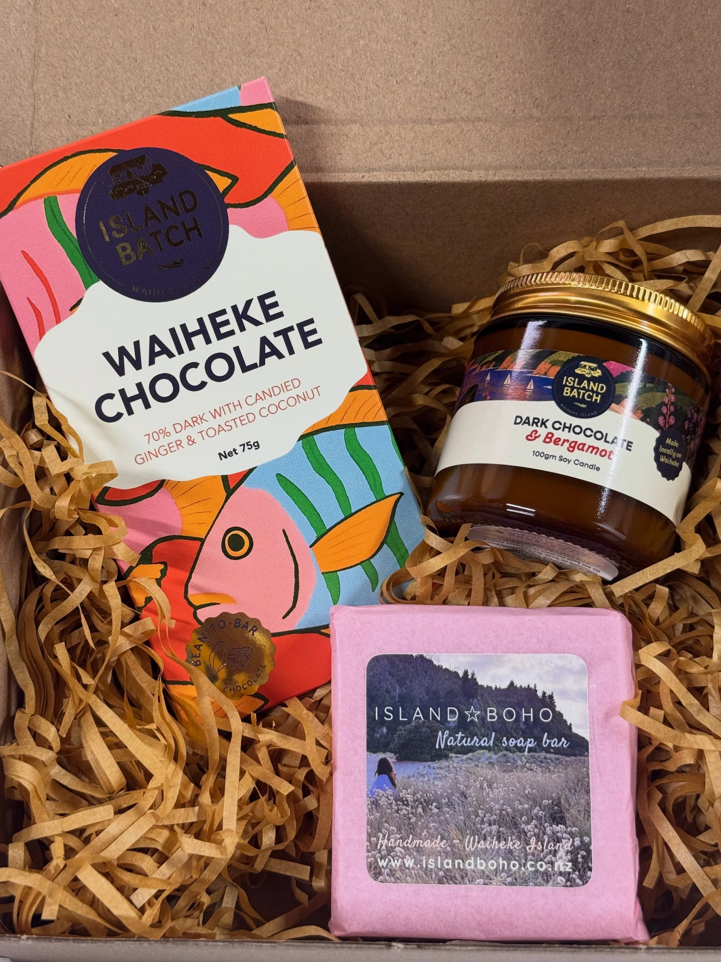 Limited Edition Gift Pack 💝

1x Island Batch Chocolate of your choice 
1x 100% Soy Candle Chocolate and Bergamot 
1x Island Boho Soap 

Perfect last minute gift for Mother&rsquo;s Day 🎁

All Waiheke made small batch products - will be sold until ou