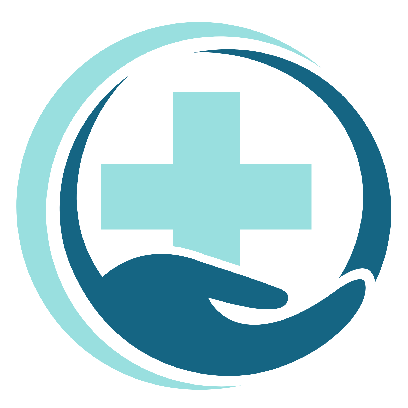 Simple filled icon of a crescent shaped circle with a hand holding across inside, representing care for an individual reaching out for assistance.
