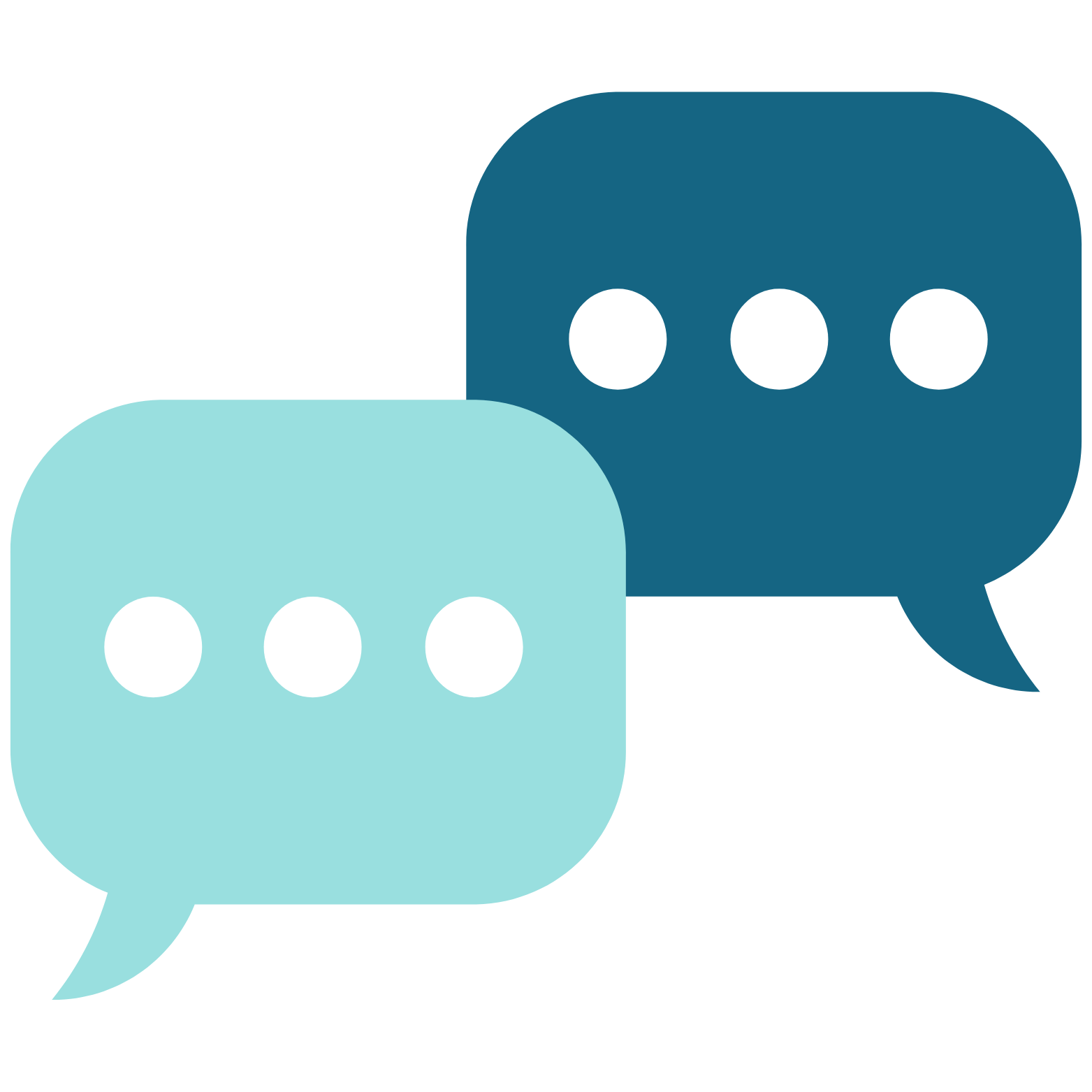 Simple filled icon of two overlapping speech bubbles, each with three dots inside, representing communication with a crisis text line.
