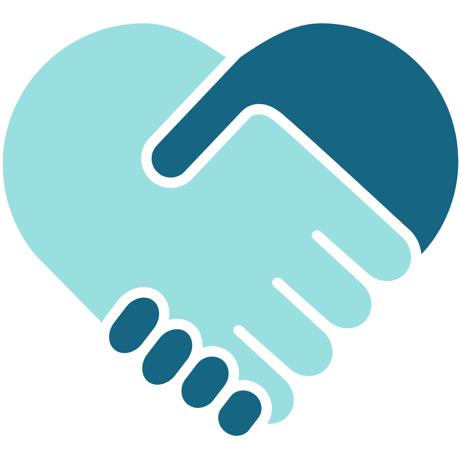 Simple filled icon of a pair of holding hands, representing care for an individual during a crisis.
