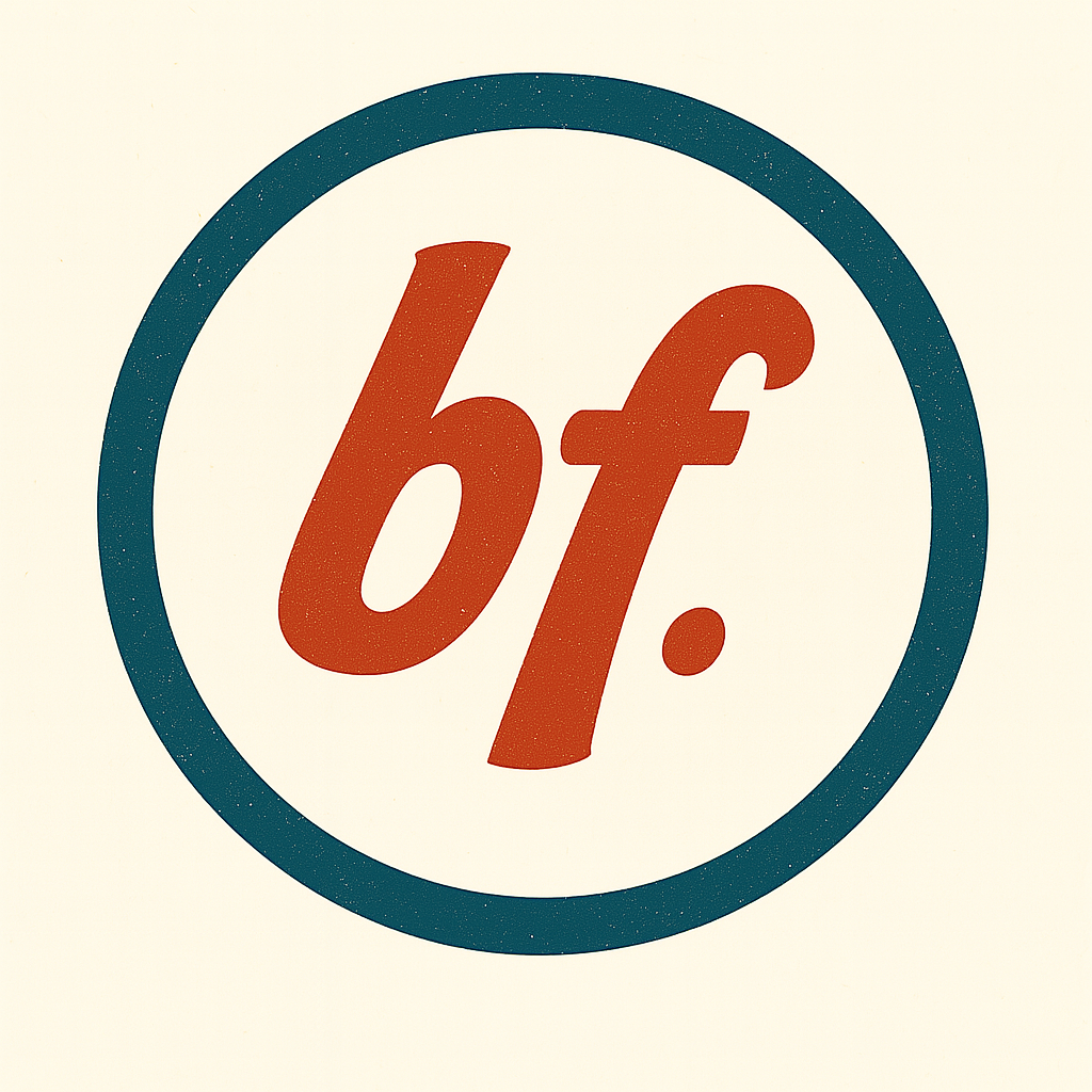 A circular logo with a blue border containing the lowercase letters and period 'bf.' in bold, orange-red font on a white background.