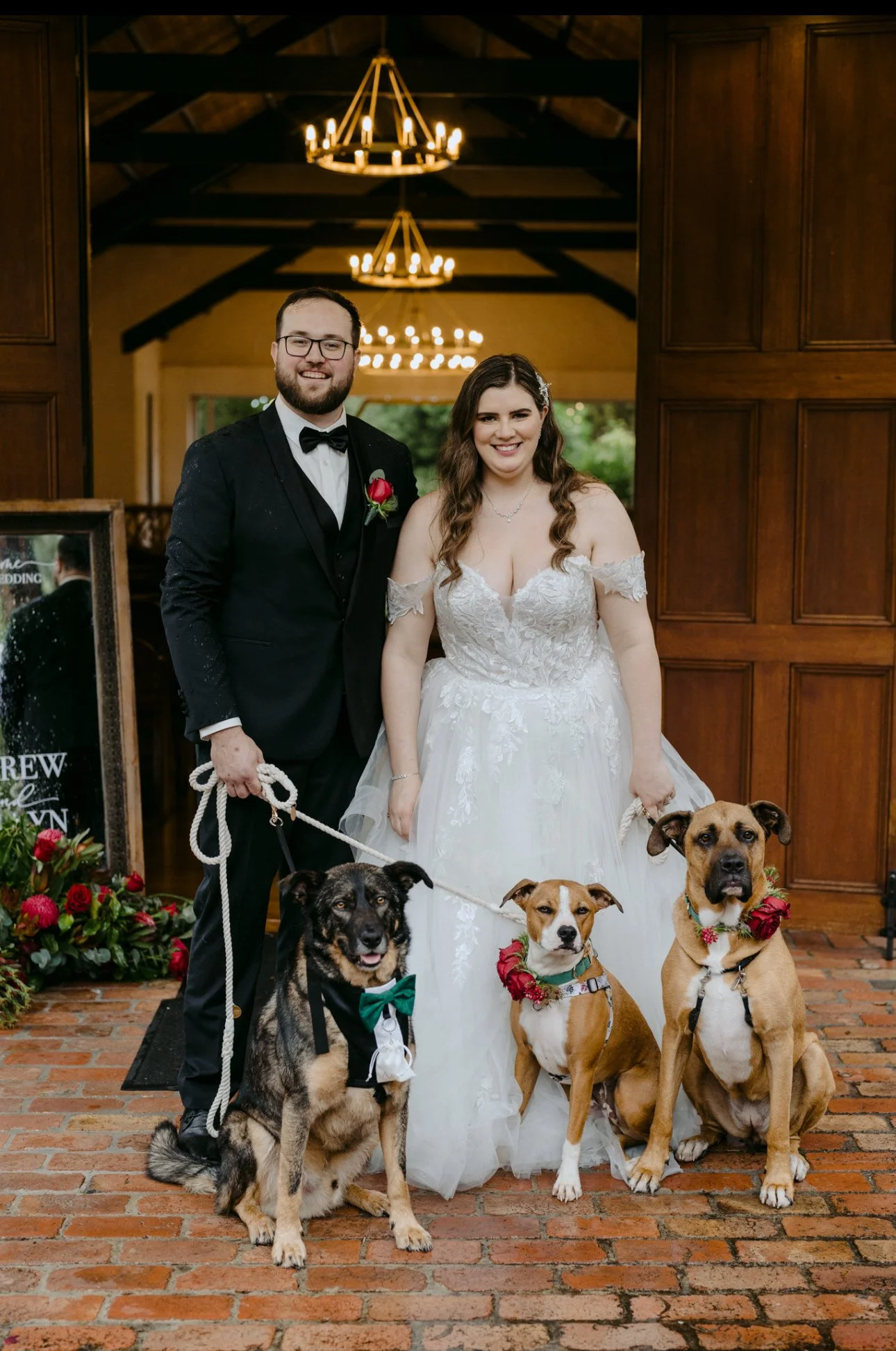 Bride and groom standing with three dogs in wedding attire inside a church or event hall with wooden walls and chandeliers.