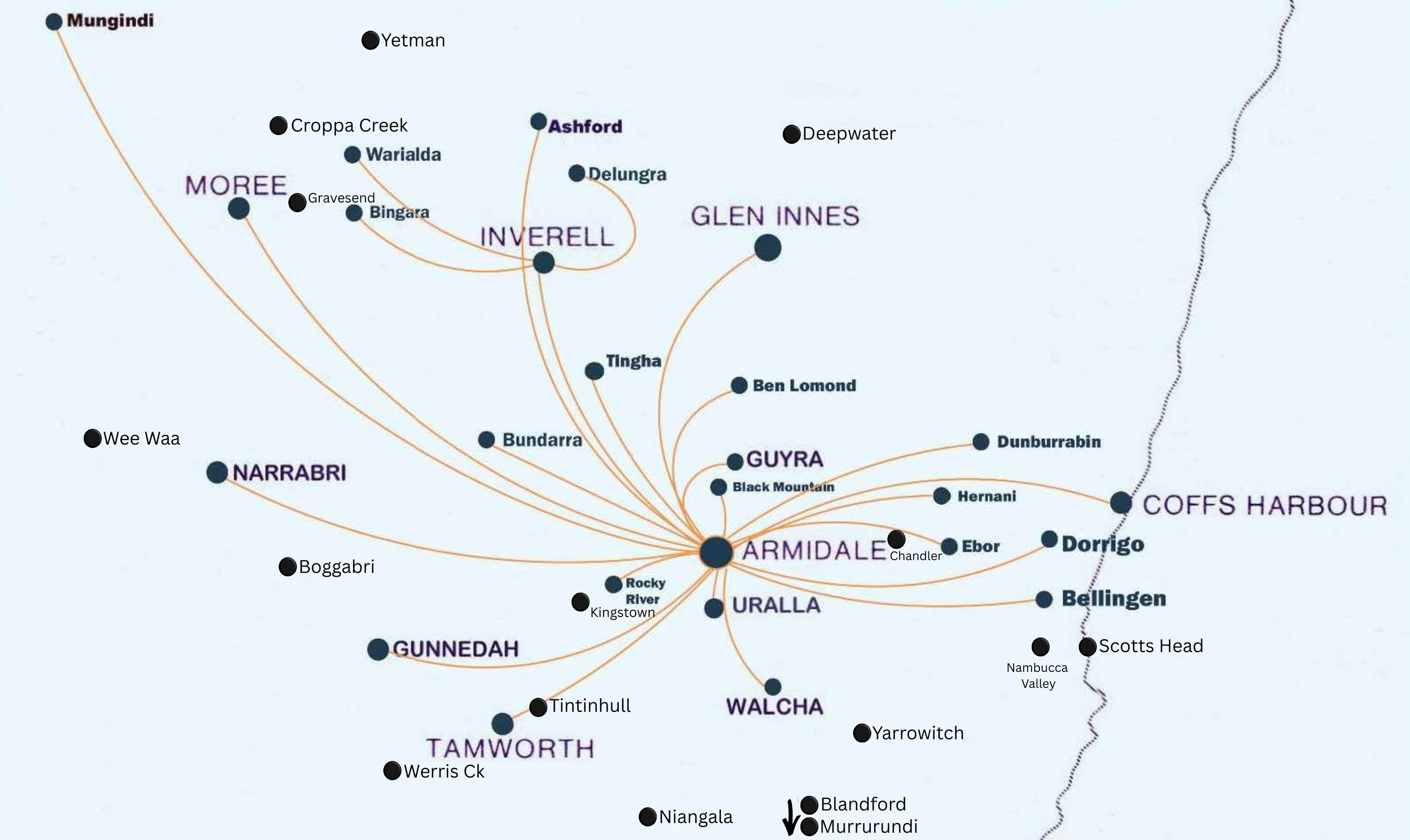 Map of locations around the Australian city of Armidale, with points labeled for towns and suburbs including Mungindi, Yetman, Croppa Creek, Warialda, Gravesend, Bingara, Inverell, Glen Innes, Deepwater, Ashford, Delungra, Tingha, Bundarra, Wee Waa, Narrabri, Boggabri, Gunnedah, Tamworth, Werris Creek, Niangala, Blandford, Murrurundi, Walcha, Yarrowitch, Nambucca Valley, Scotts Head, Bellingen, Dorrigo, Hernani, Dunburrabin, Coffs Harbour, Ebor, Black Mountain, Guyra, Ben Lomond, Tingha, Bundarra, Uralla, Armidale, and surrounding towns and geographical features.