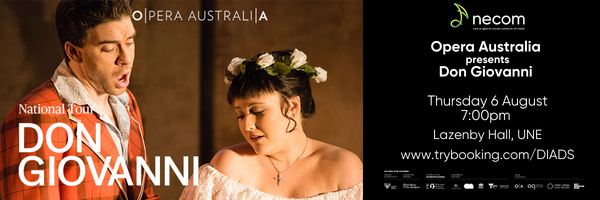 Promotional poster for Opera Australia presenting Don Giovanni by NECOM, featuring a man and woman in period costumes, with the event details including date, time, and location.