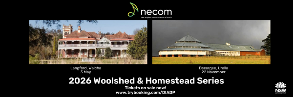 Comparison of two buildings for the 2026 Woolshed & Homestead Series, showing locations at Langford, Walcha, and Deeargee, Uralla.