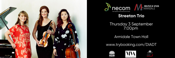 Poster for a music event featuring the Streeton Trio, scheduled for Thursday, September 3rd at 7:00pm at Armidale Town Hall, with information available on www.trybooking.com/DIADT.