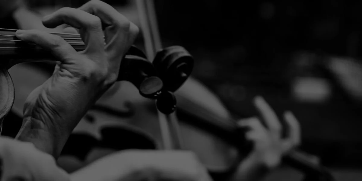 Black and white close-up of a violinist performing chamber music during a live concert.