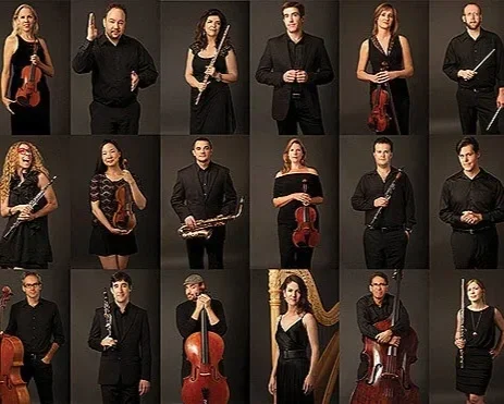 Members of the American Modern Ensemble in a grid-style portrait featuring contemporary classical musicians with their instruments.