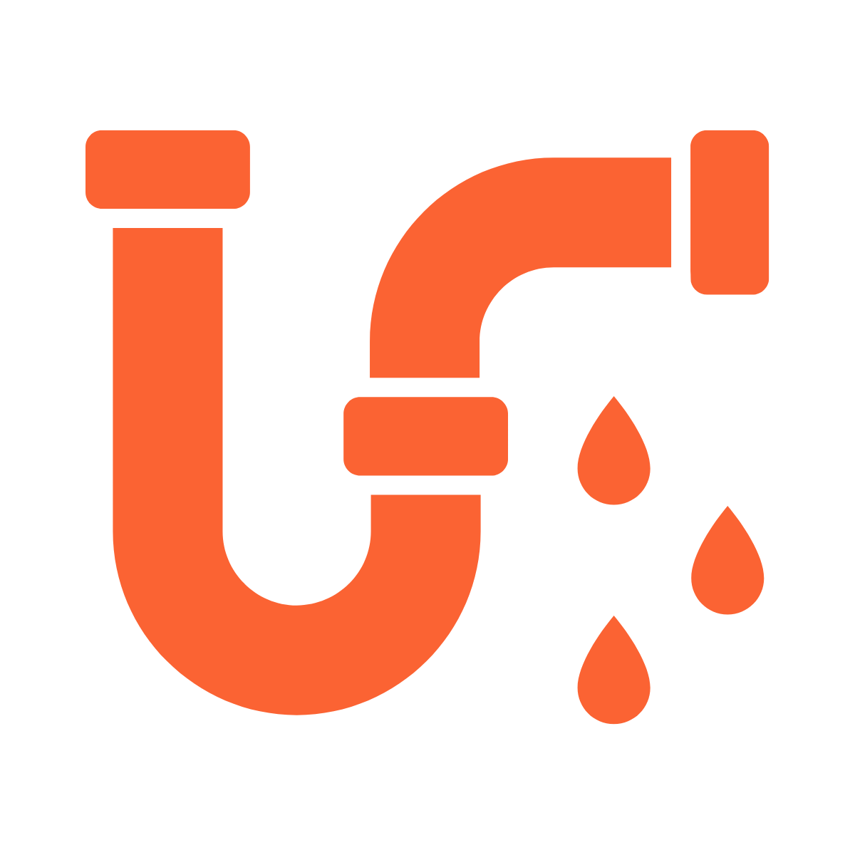 A plumbing icon depicting a pipe with two water droplets falling from it, on a black background.