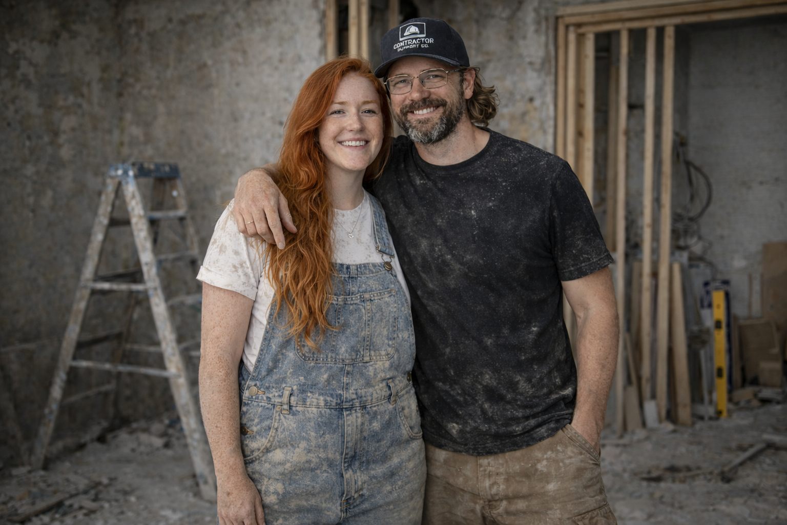 A smiling couple, a woman with long red hair and a man with glasses and a beard, standing together in an unfinished construction site, surrounded by wooden framing and construction tools.