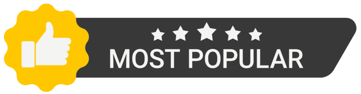 Badge with a thumbs-up icon and the text 'Most Popular' and five stars