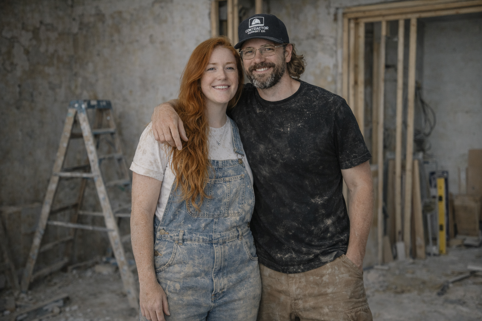 A man and woman smiling, standing close with their arms around each other in a partially constructed or renovated room, with construction tools and materials in the background.