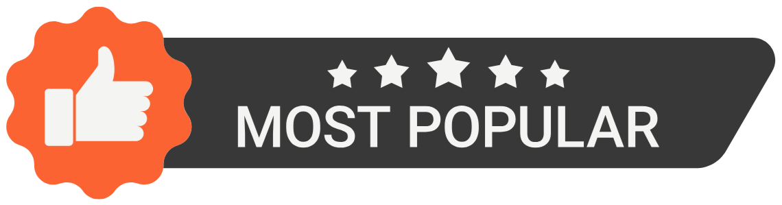 A badge featuring a white thumbs-up icon and stars, with the text 'Most Popular'.