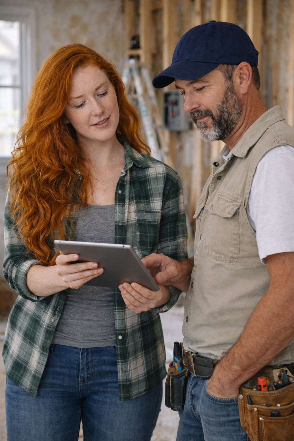 A woman with long red hair and a man with a beard wearing a cap looking at a tablet together in a workshop.