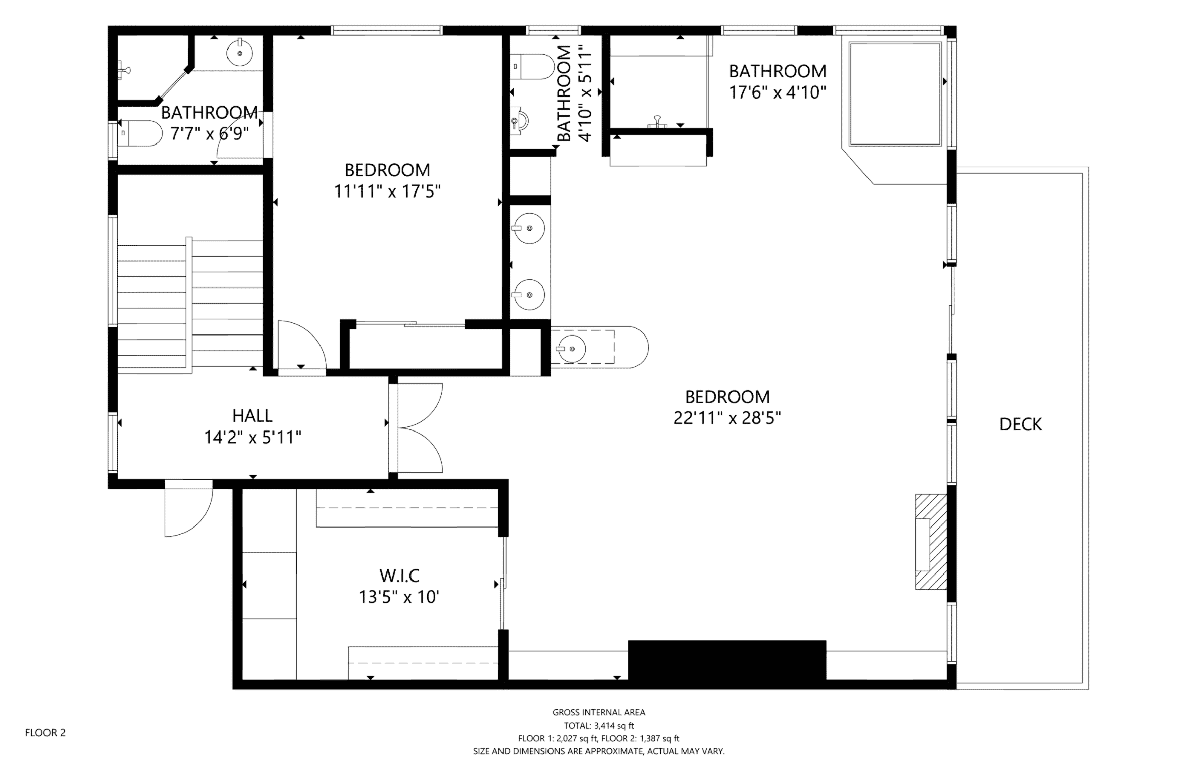 Floor plan of a second story residential space with multiple bedrooms, bathrooms, a walk-in closet, hall, and a deck. Dimensions of each room are indicated.