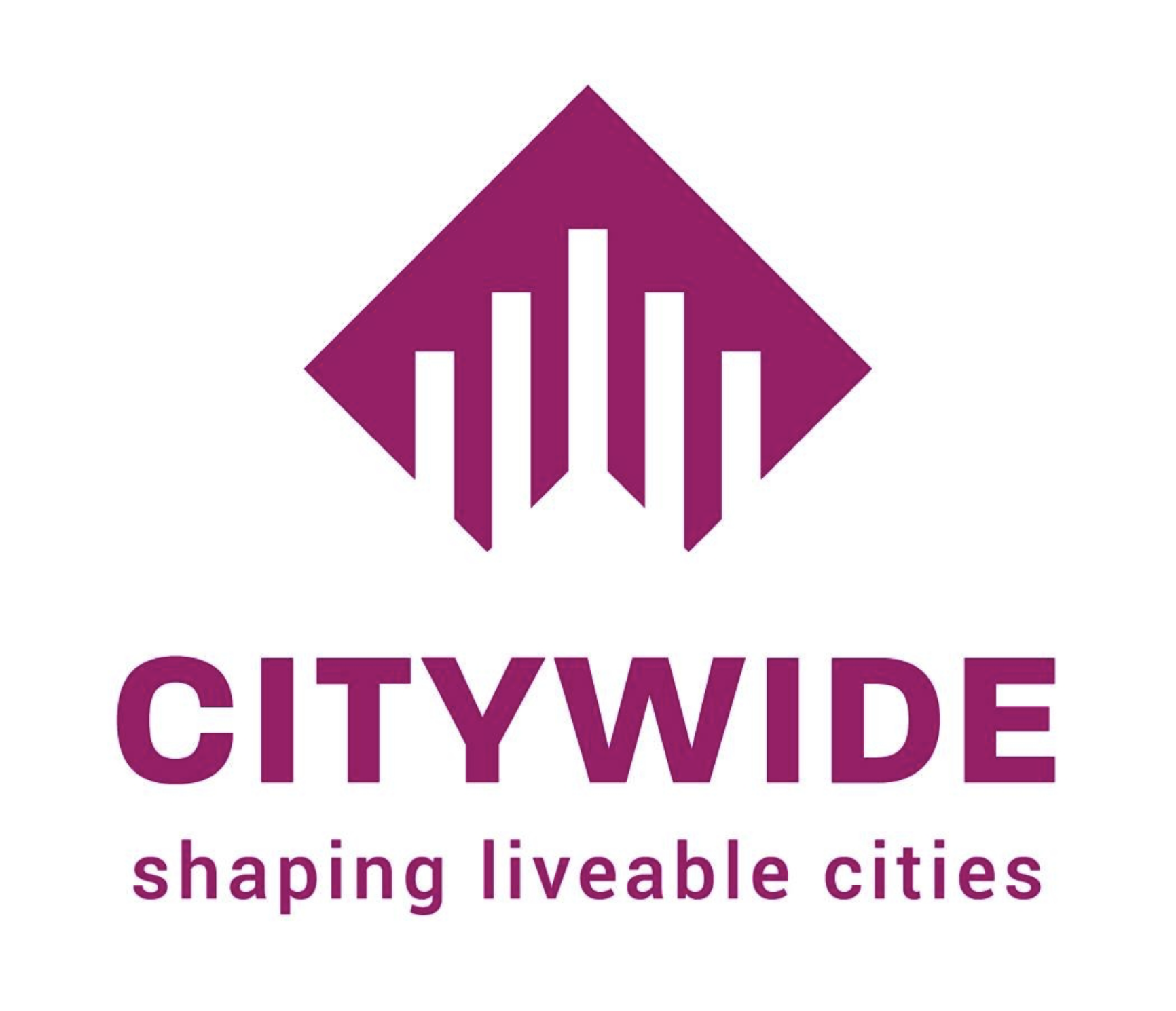 Logo for Citywide with a purple geometric design above and the slogan 'shaping liveable cities' below.