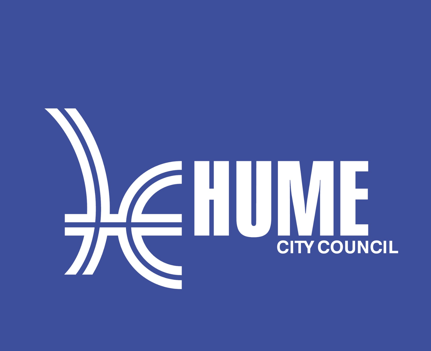 Hume City Council logo featuring stylized white geometric lines and text 'HUME CITY COUNCIL' on a blue background.