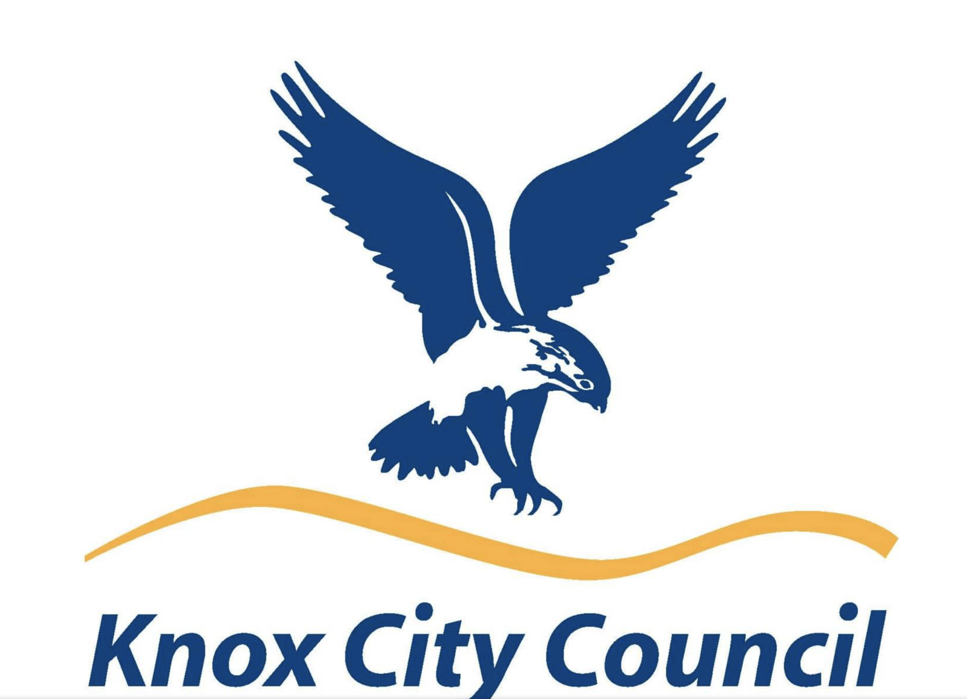 Official logo of Knox City Council featuring a blue eagle with wings raised, a white head with details, and a yellow curved line underneath, with the text 'Knox City Council' in blue.