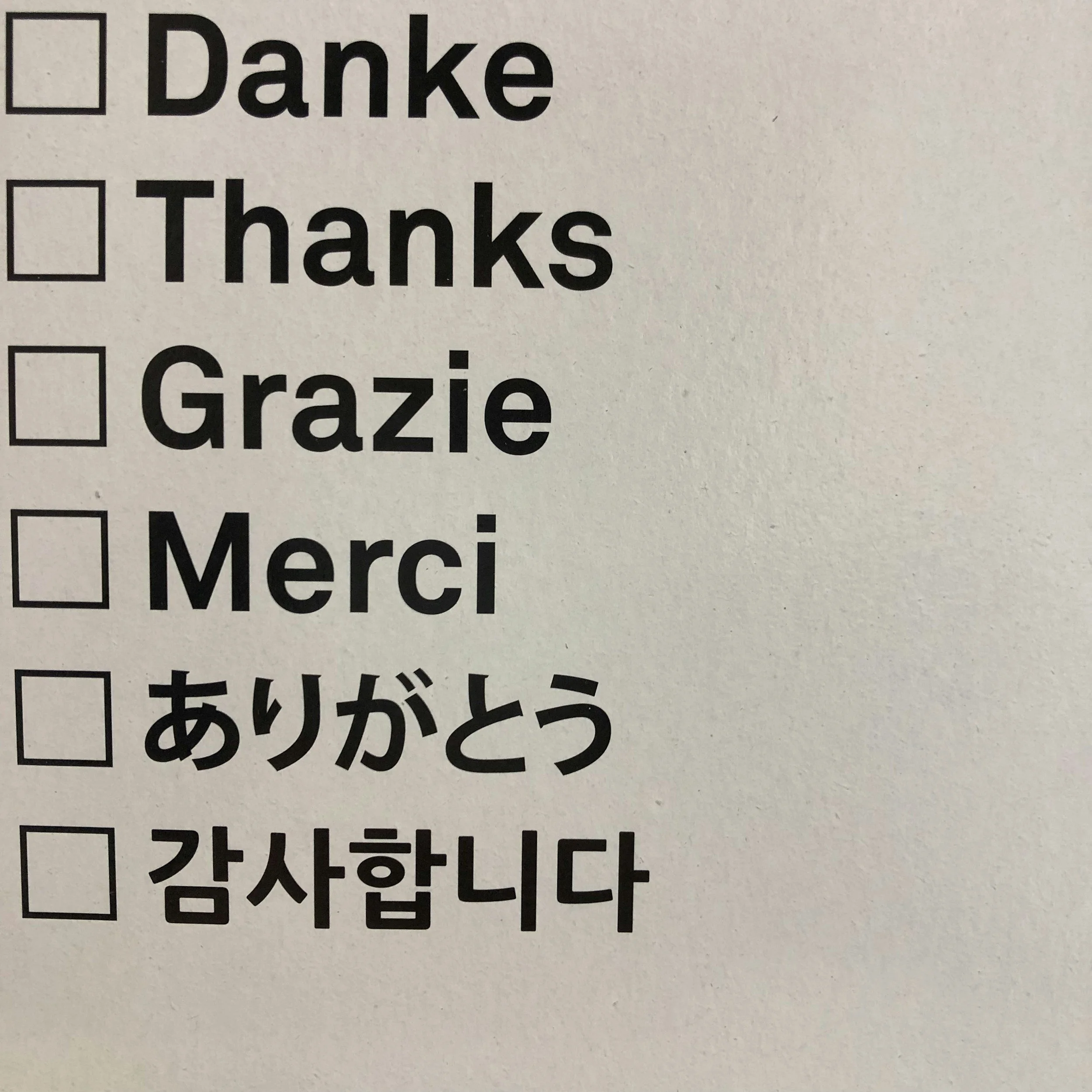 A list of thank you translations in multiple languages, including English, Italian, French, Japanese, and Korean, with checkboxes next to each word.