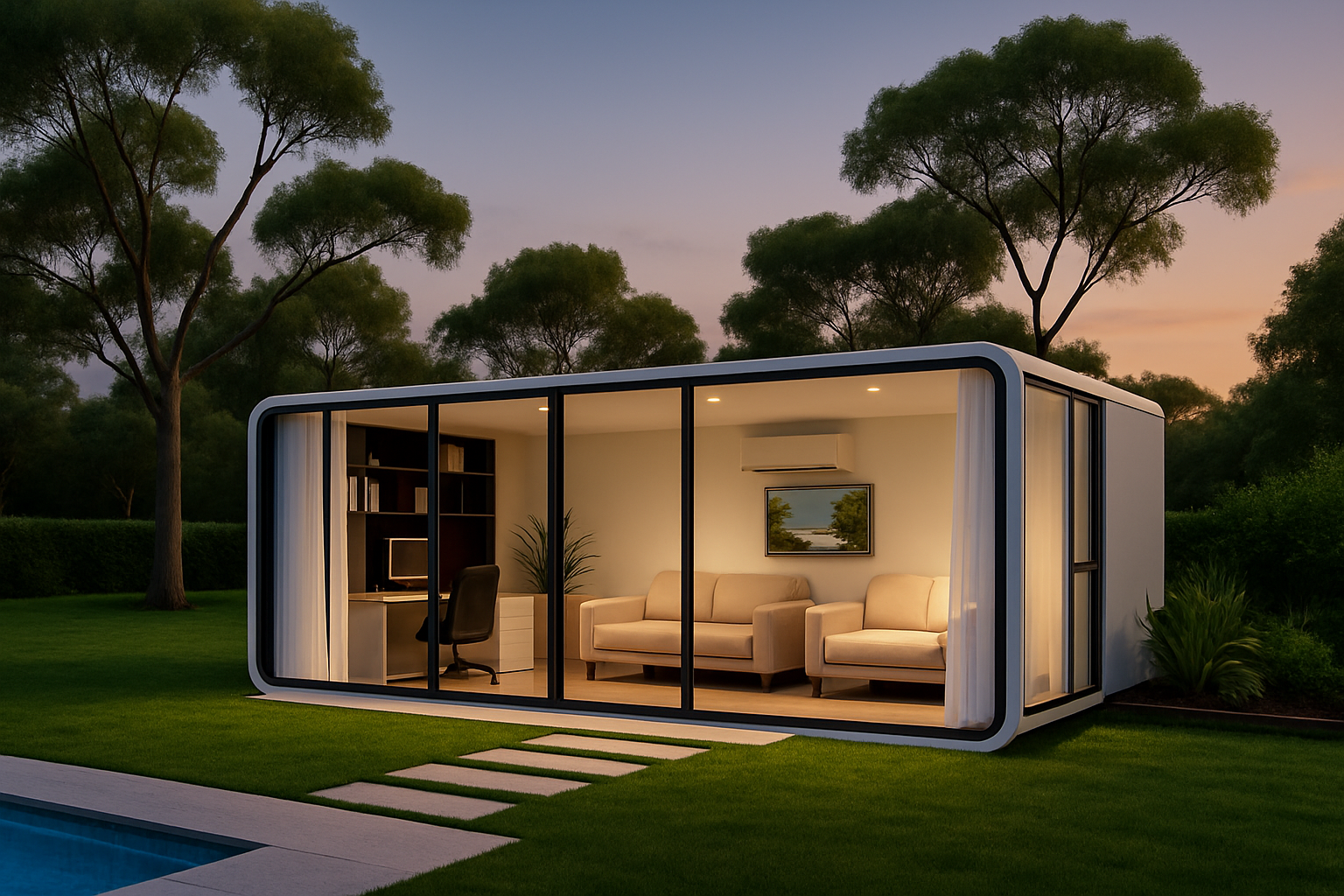 Modern tiny home with outdoor seating, large glass doors, surrounded by trees at dusk.