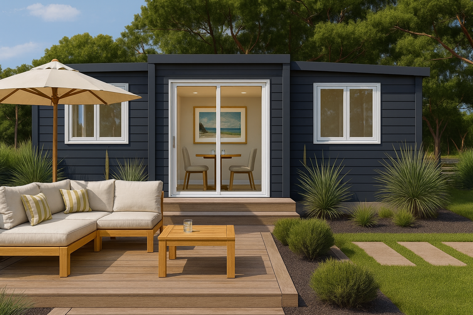Modern small house exterior with a porch, sliding glass door, and two side windows. There is outdoor furniture including a beige sectional sofa with striped pillows, a wooden coffee table with a glass, and a large umbrella. The yard has green grass, shrubs, gravel, and stepping stones, with mature trees in the background.