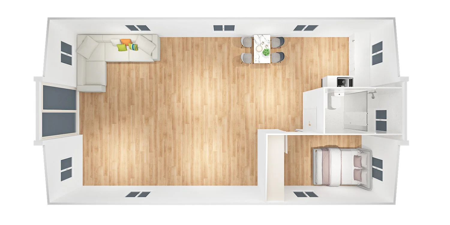 Top-down view of a one-bedroom apartment with a living room, dining area, kitchen, bedroom, and bathroom, all with light wood flooring.