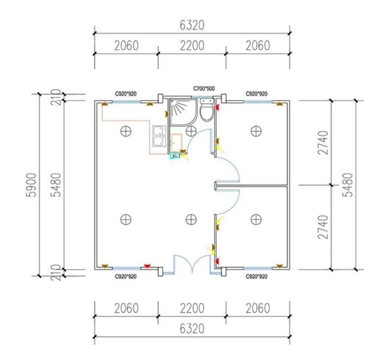 Floor plan layout of a building with several rooms, doors, and windows, with measurements in millimeters.