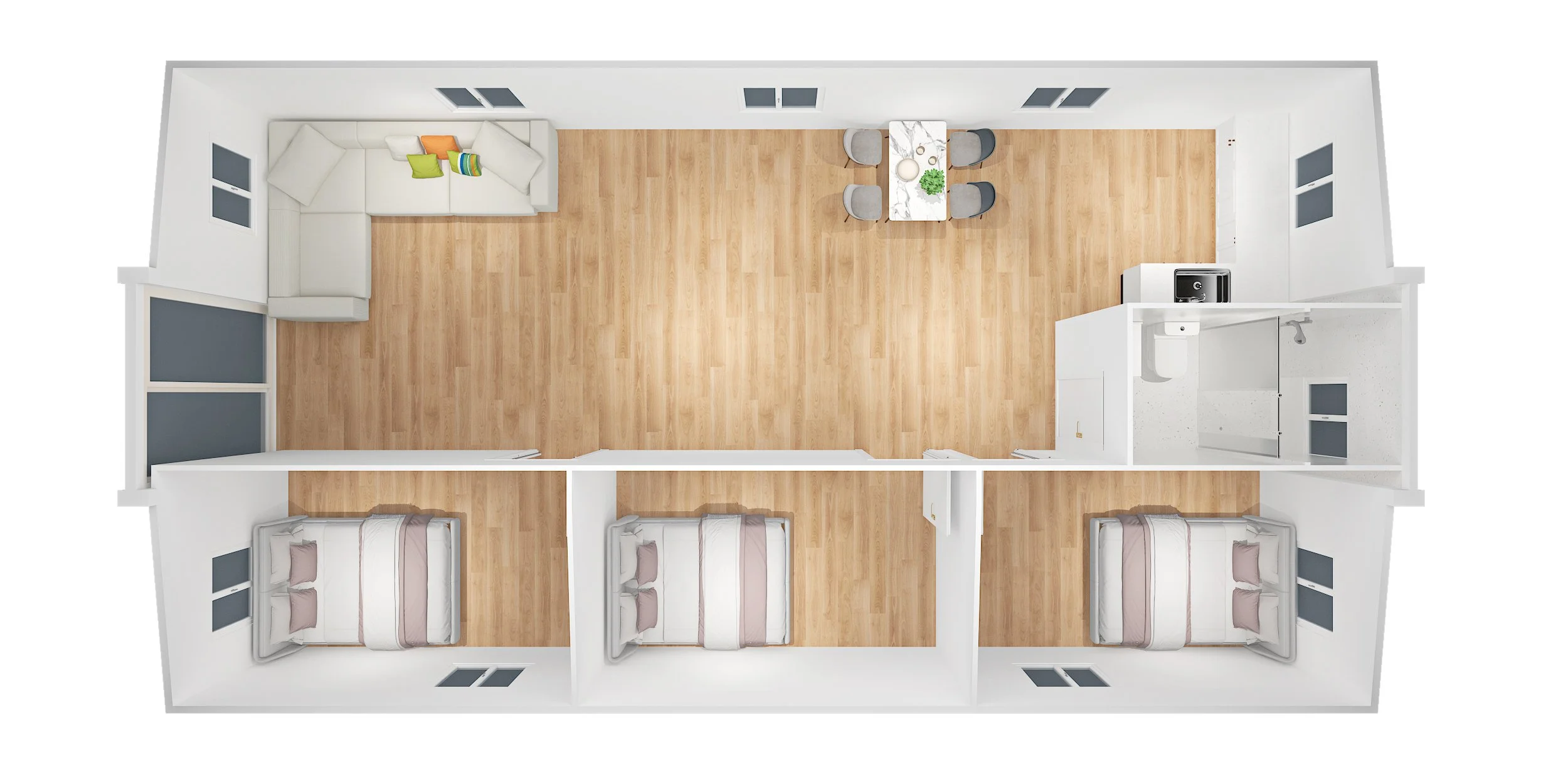 Top-down view of a three-bedroom apartment with a living room, dining area, kitchen, and bathroom. The living room has a white sectional sofa with colorful pillows. The dining area features a white marble table with six chairs. The bathroom contains a toilet and a small sink. Each bedroom has a bed with pillows, and there are multiple windows around the apartment.