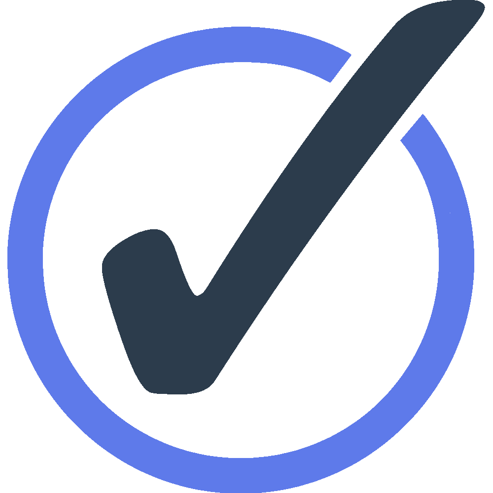 A large icon of a check mark inside a circle, with the circle and check mark in blue and dark gray colors.