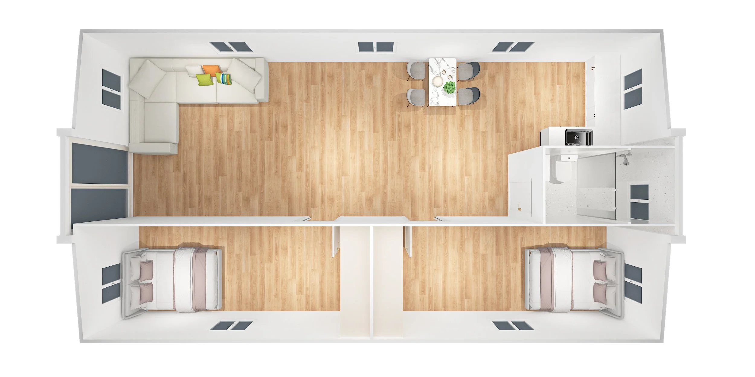 Top-down view of a two-bedroom apartment with a living room, dining area, and kitchen. The apartment has two bedrooms with beds, a living area with a sectional sofa, and a dining table with chairs.