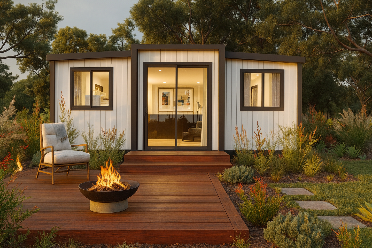 A small modern house with white siding and black trim, situated in a lush garden with trees and various plants. The house has a glass sliding door and three windows. There is a wooden porch with steps, a chair, and a fire pit on the deck. The scene is illuminated by warm interior lighting and sunset light.