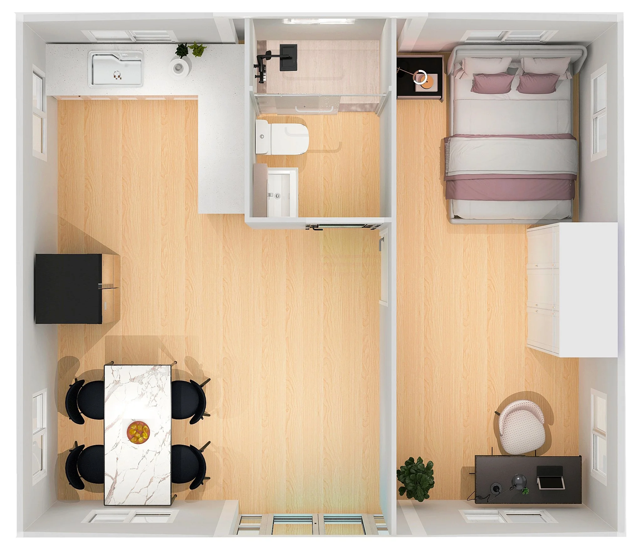 A top-down view of a one-bedroom apartment with a combined living and dining area, a small kitchen, a bathroom, and a bedroom. The living area has a black TV and a desk with a chair, while the dining area includes a marble-top table and four black chairs. The kitchen has a sink, stove, and small counter space. The bathroom contains a toilet and a shower. The bedroom features a bed with pillows and a wardrobe, with a desk and chair nearby.