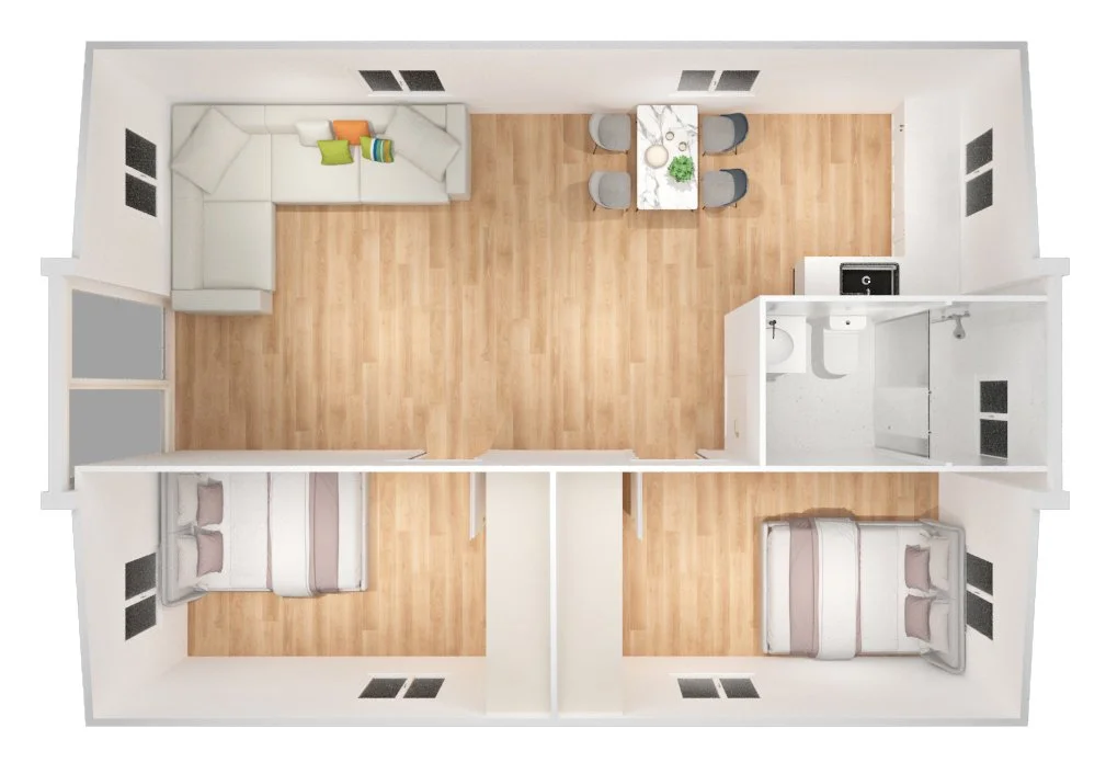 Top-down view of a two-bedroom apartment with a combined living and dining area, a small kitchen, and a bathroom.