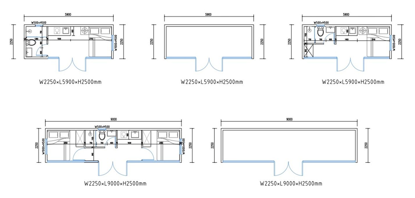 Architectural floor plans of modular tiny homes with dimensions, showing layouts with kitchens, bathrooms, and living spaces.