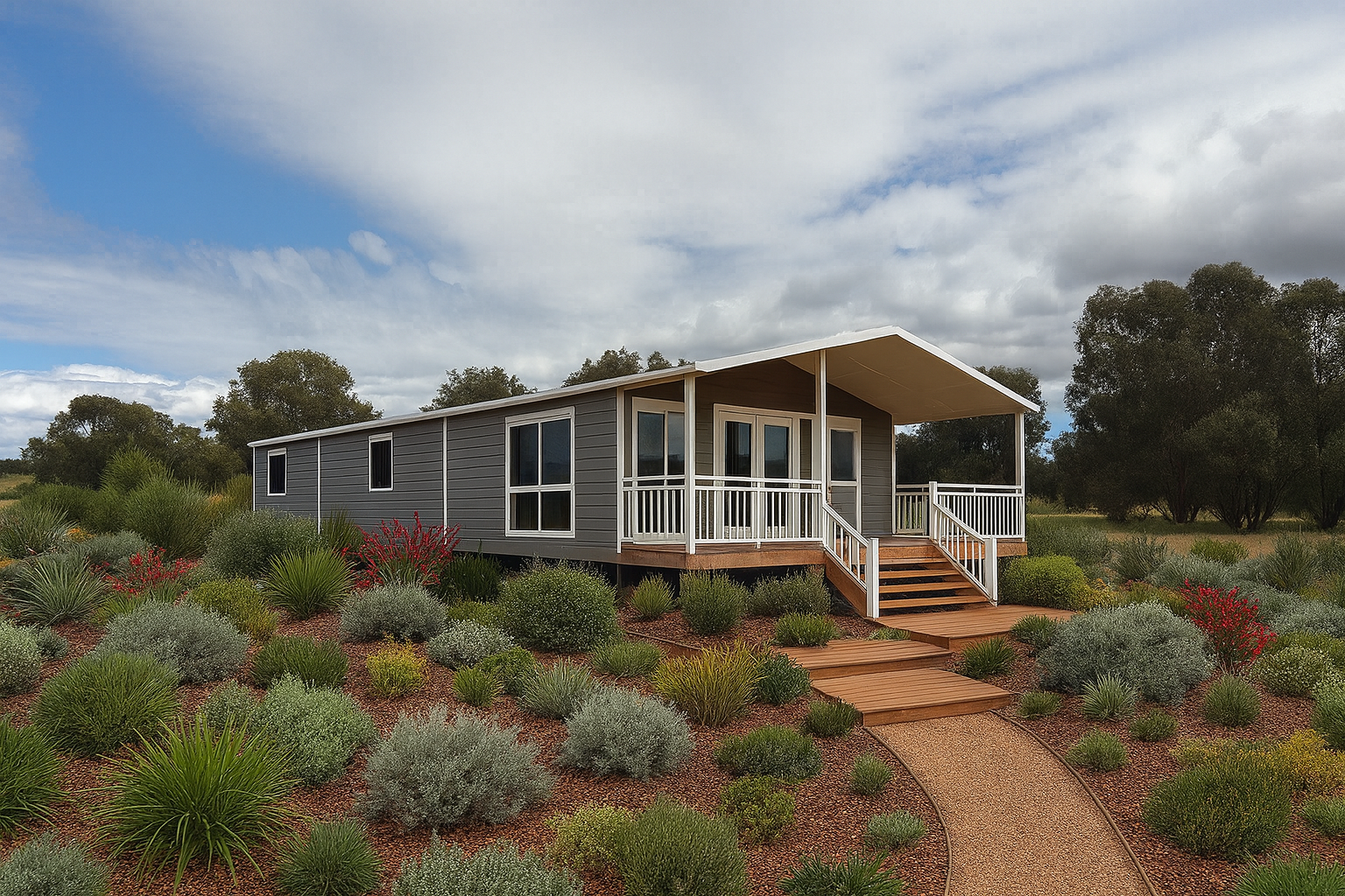 A modern gray manufactured home with a covered porch, white railing, wooden stairs, large windows, situated in a landscaped yard with desert plants, green bushes, and a wooden pathway leading to the entrance, under a partly cloudy sky.