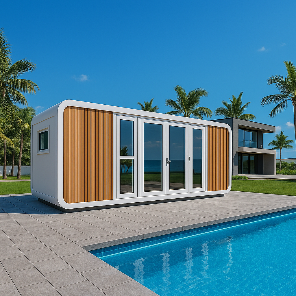 Modern tiny house with large glass doors, situated next to a swimming pool in a tropical setting with palm trees and a blue sky.