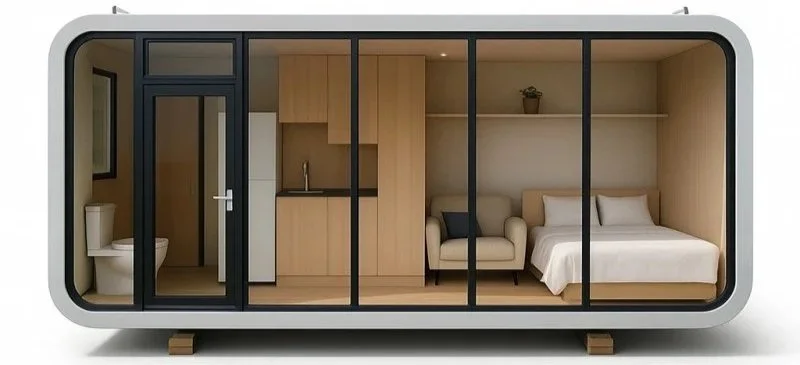 A tiny, modern prefabricated living space with glass sliding doors, containing a kitchenette, a small sofa, and a bed inside.