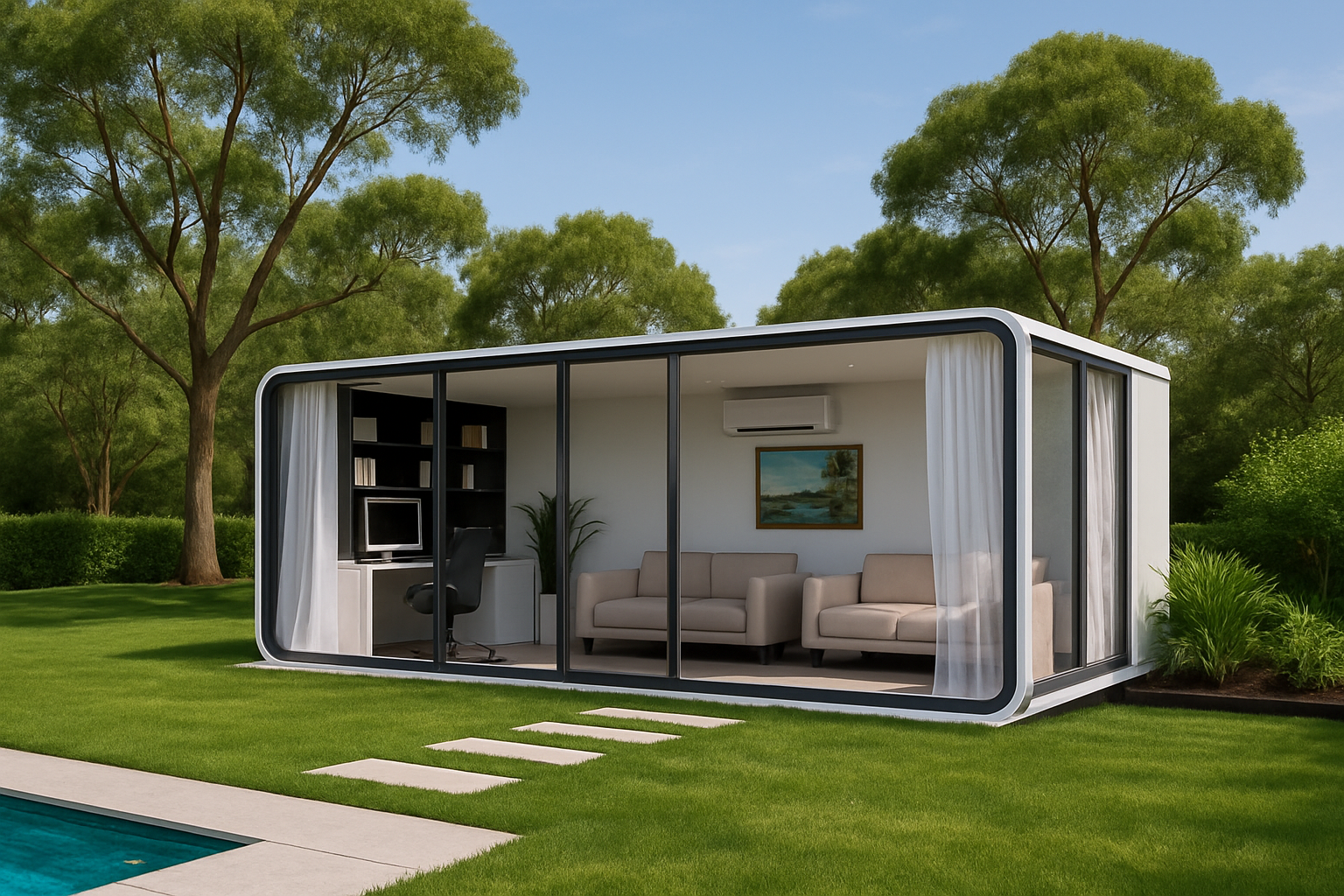 Modern glass-walled outdoor living space with sofas, a desk with a computer, bookshelves, and a framed landscape painting, set on a lush green lawn with tall trees in the background.