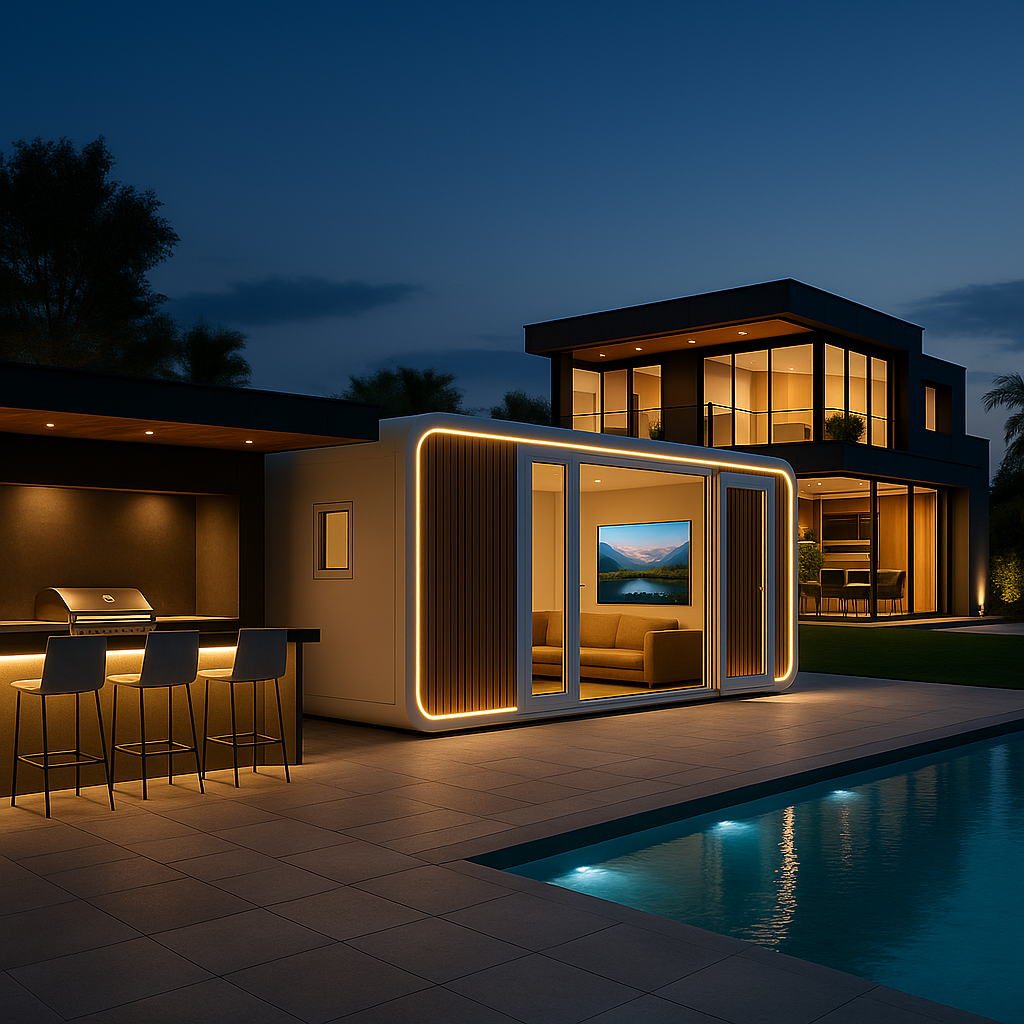Modern house with large glass windows, outdoor lounge area with bar stools, illuminated seating pod, and swimming pool at dusk.