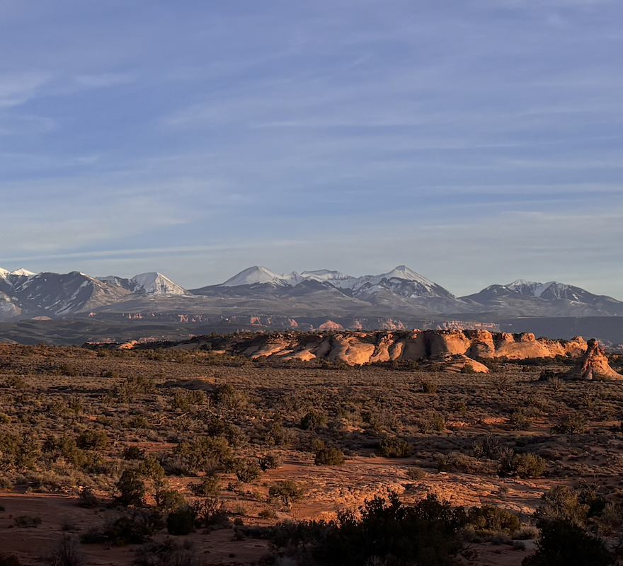 A desert landscape with reddish rock formations in the foreground, sparse vegetation, and snow-capped mountains in the background under a blue sky.