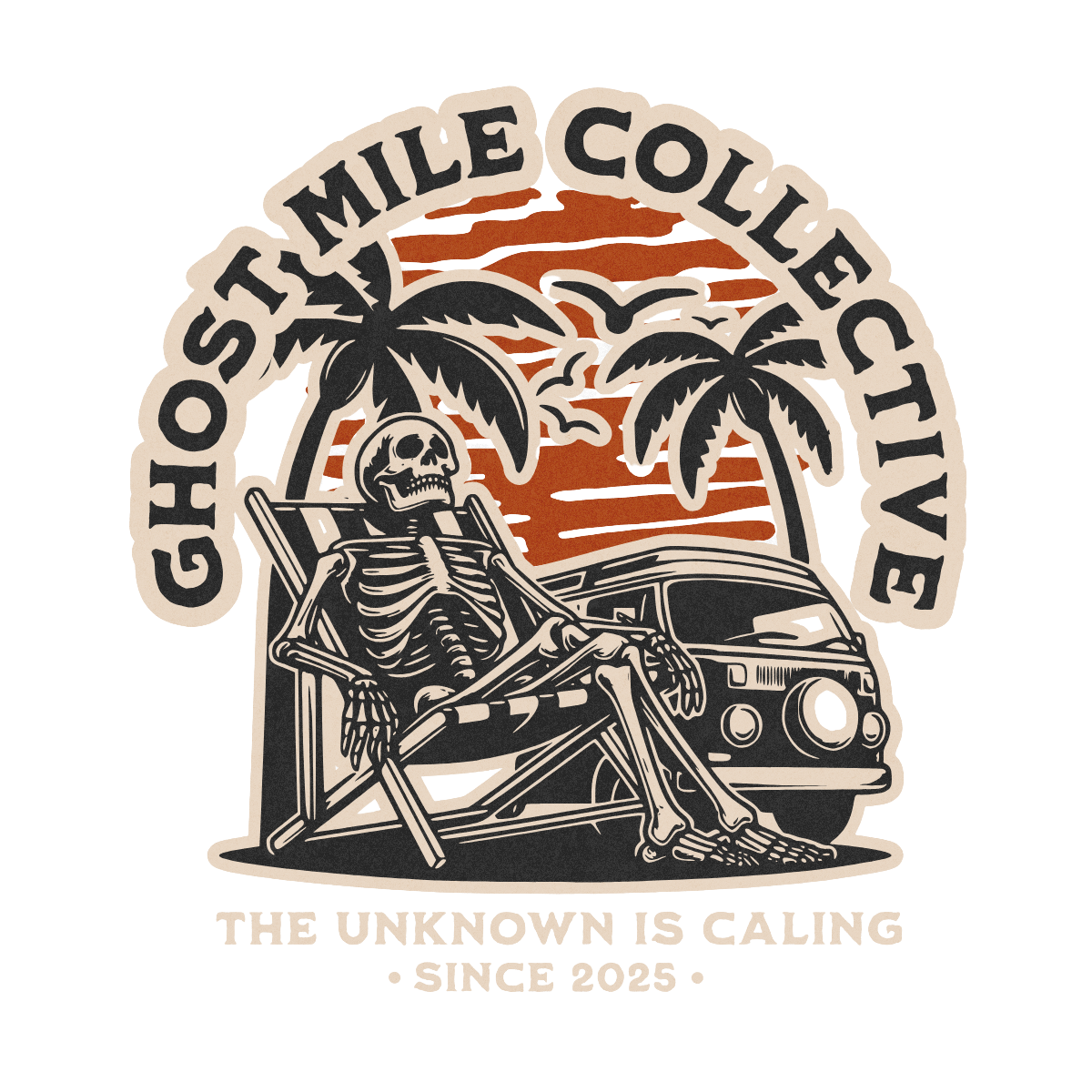 Logo for Ghost Mile Collective featuring a skeleton relaxing in a lounge chair with a drink, palm trees, a car, and a sunset background.