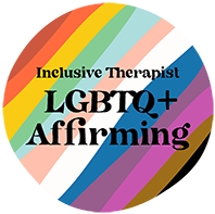 Logo with rainbow-colored stripes and the text 'Inclusive Therapist LGBTQ+ Affirming'