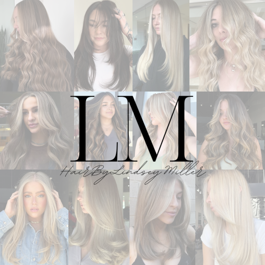 Collage of women with various blonde and brunette hairstyles at a hair salon, with the text 'LIV Hair By Lindsay Miller' overlayed.