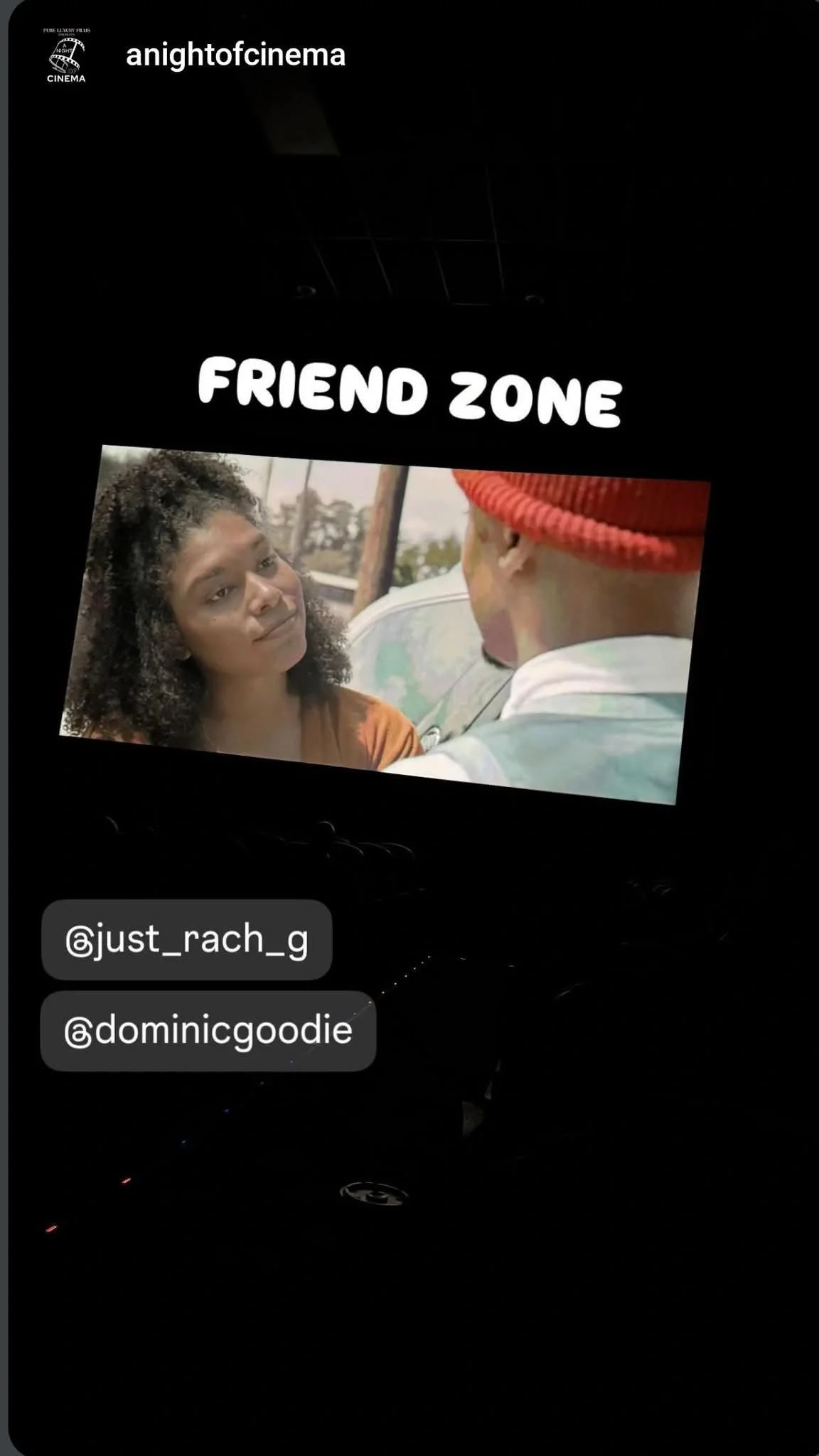 Instagram story with a black background, white text reading "FRIEND ZONE," a still from a movie or TV show featuring a woman and a man, and two Instagram handles: @just_rach_g and @dominicgoodie.
