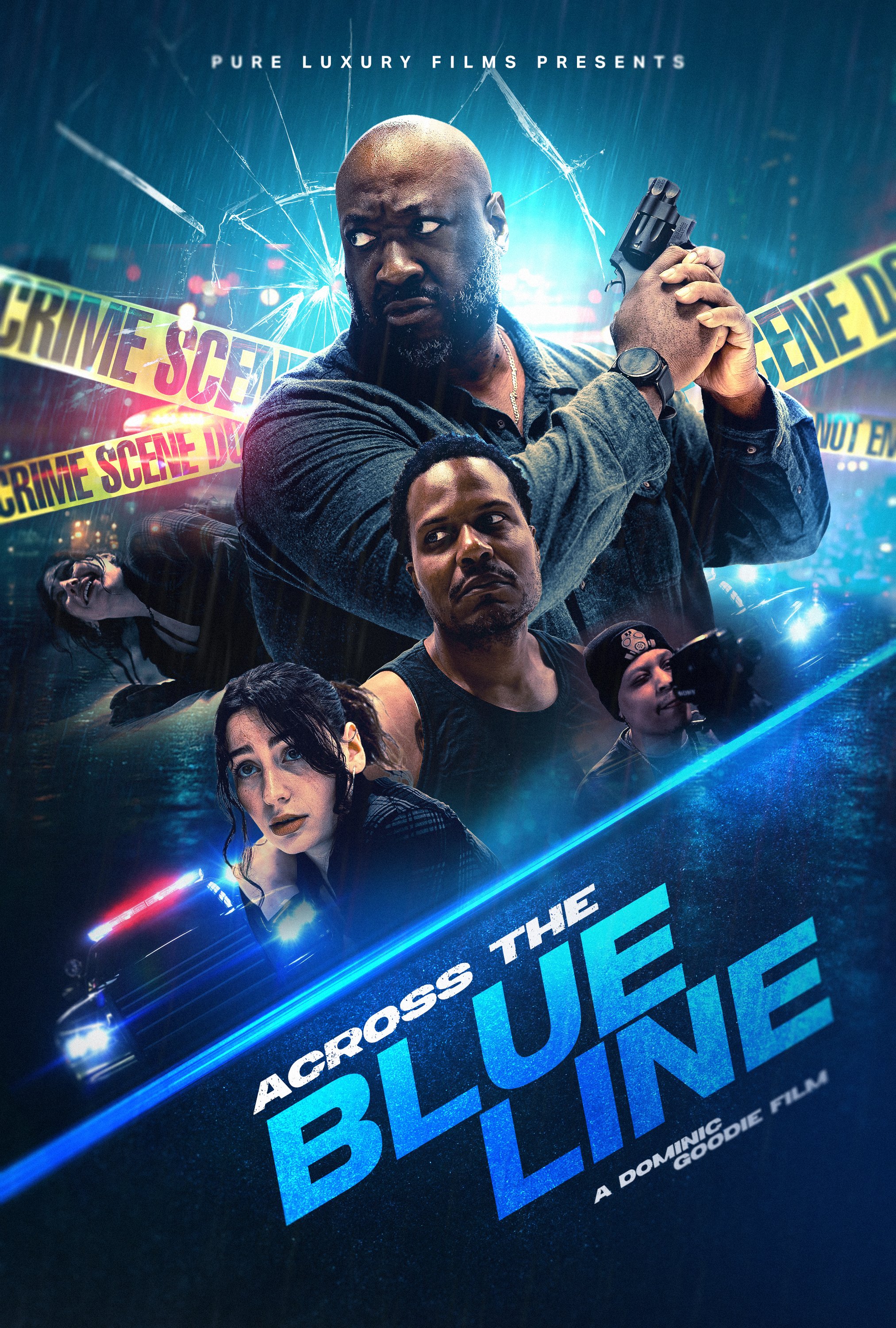 A movie poster for 'Across the Blue Line' featuring five characters, with a man at the center holding a gun, police tape, and police lights in a dark city background.