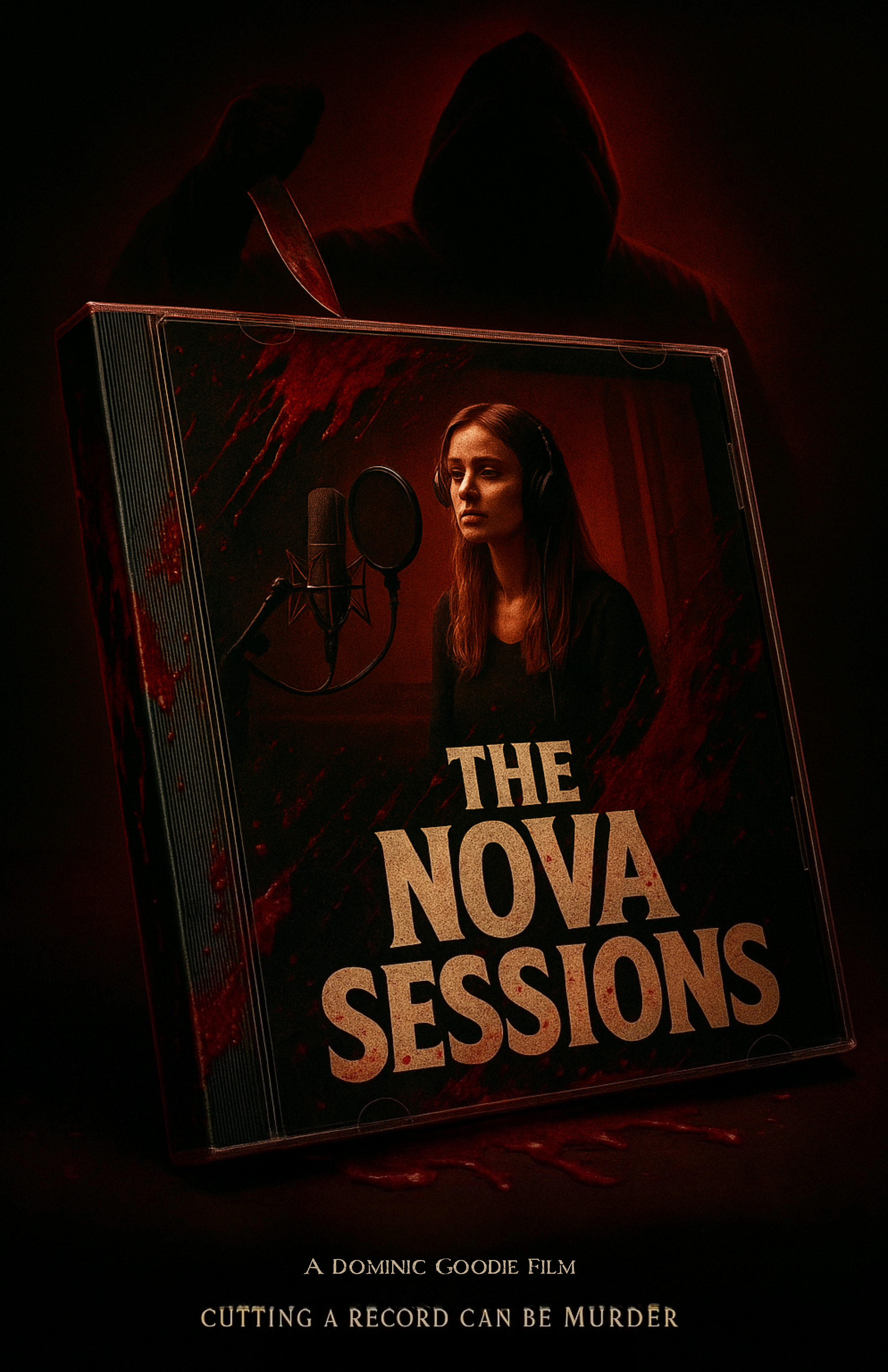 A dark image featuring a hooded figure with a knife behind a transparent box labeled "The Nova Sessions." Inside the box is a woman with headphones singing into a microphone, with the text "A Dominic Goodie Film" and "Cutting a record can be murder" at the bottom.